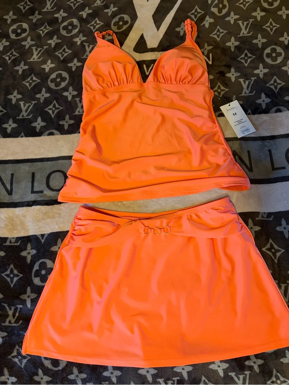 Nicole Miller Neon Orange Tankini Top with Skirt Swim Set